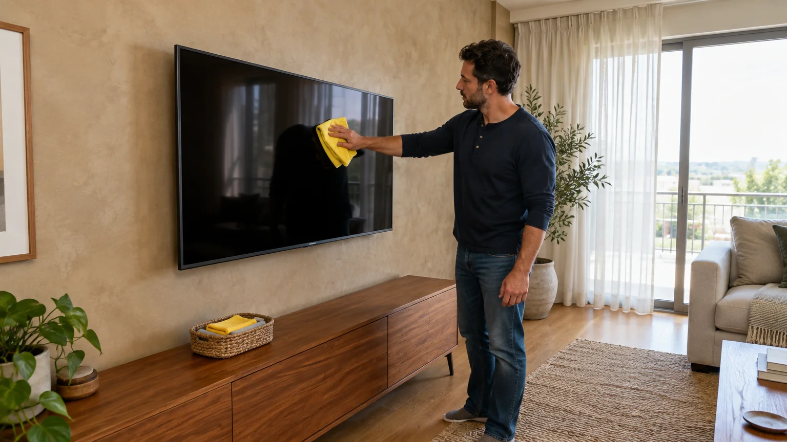 A man wipes a large wall-mounted flat-screen television with a yellow microfiber cloth in a modern living room.