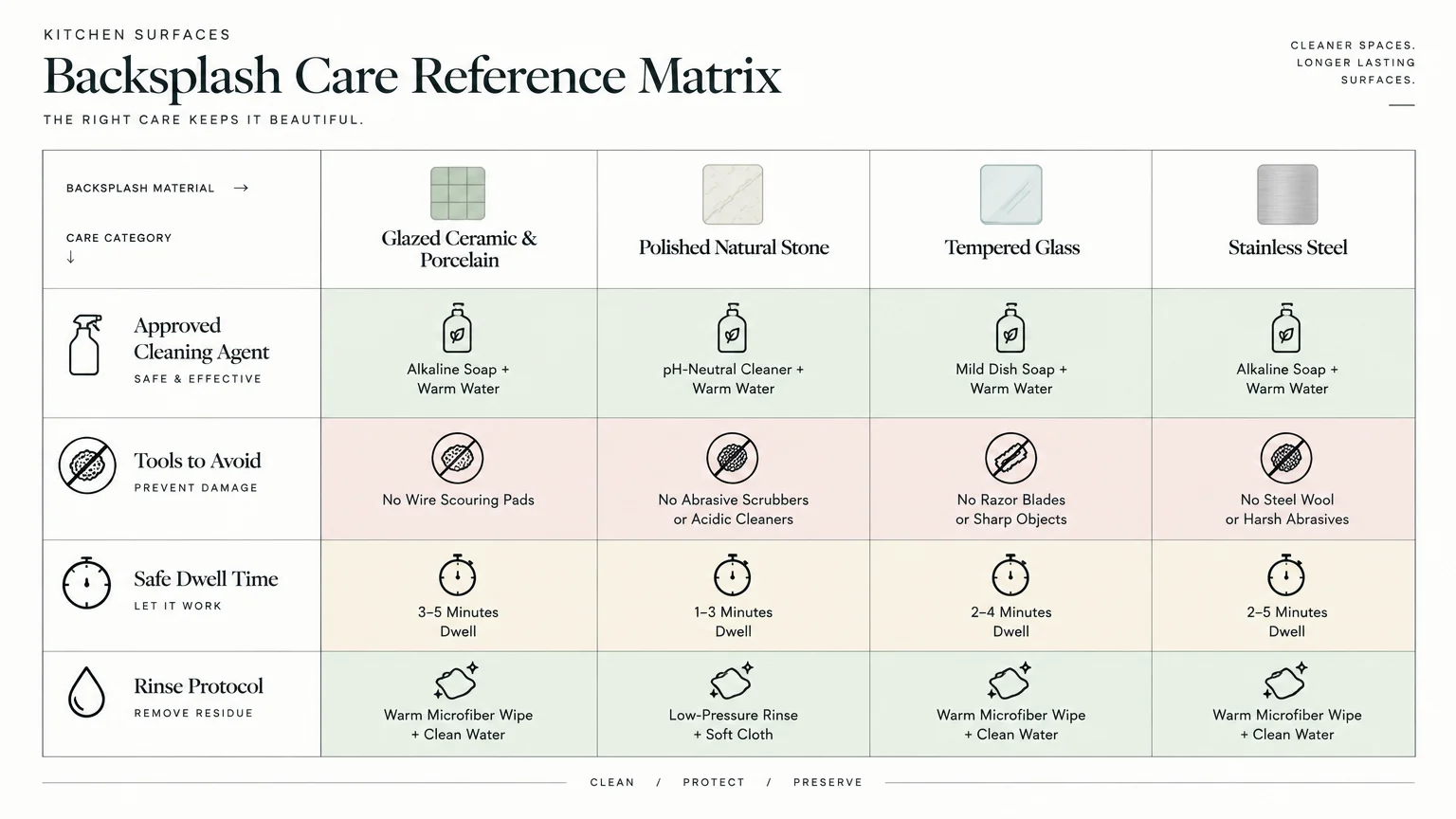 Backsplash Care Reference Matrix comparing cleaning agents, tools to avoid, dwell time, and rinse protocol for four materials.