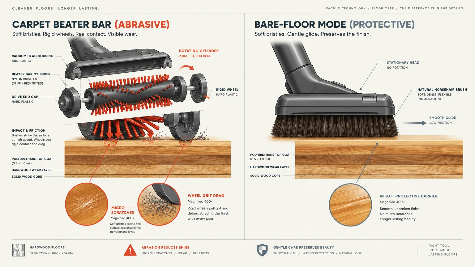 Diagram comparing a carpet beater bar causing wood scratches to a soft horsehair bare-floor brush preserving the finish.