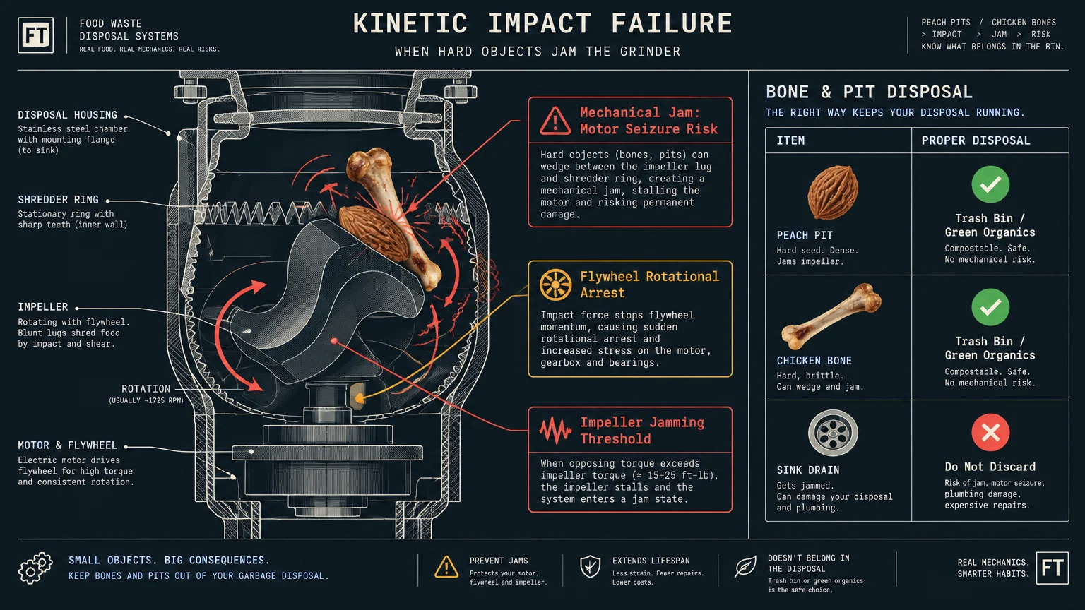 Diagram showing a peach pit and chicken bone jamming a garbage disposal impeller mechanism alongside disposal instructions.