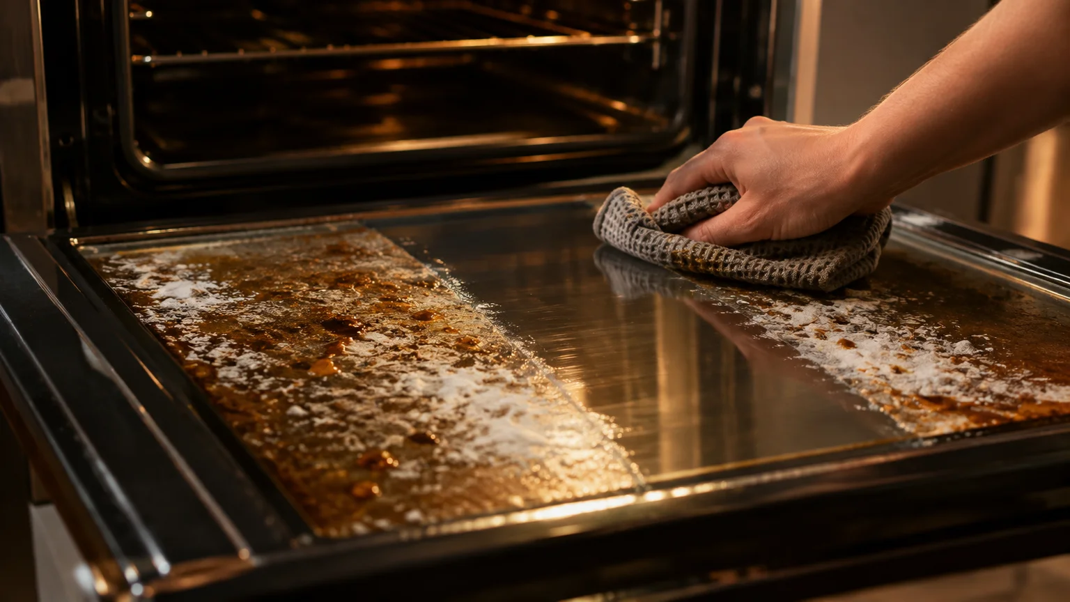 A hand uses a grey cloth to wipe away grease and baking soda paste from an open oven door glass window.