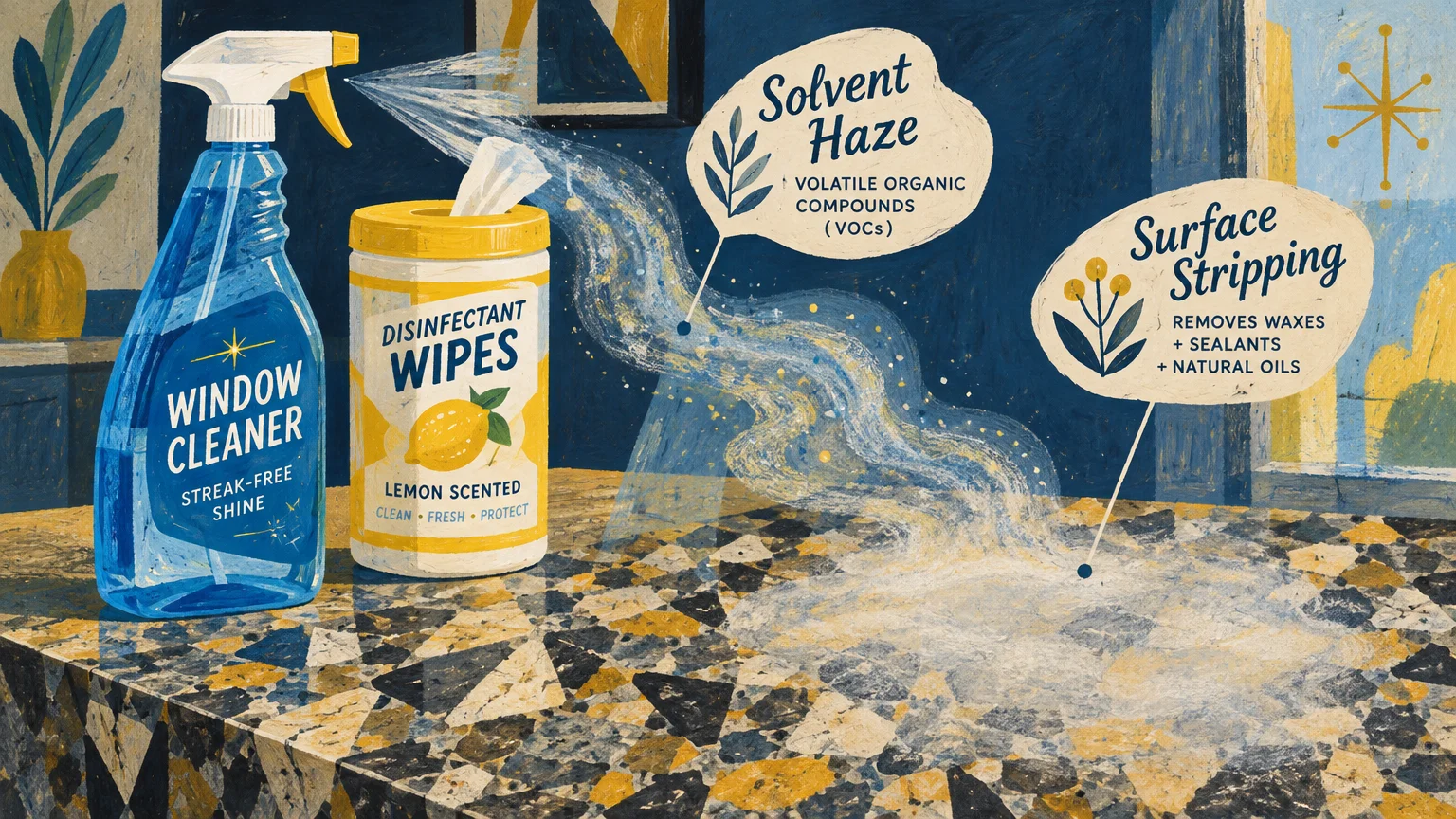 Illustration of spray window cleaner and disinfectant wipes causing solvent haze and surface stripping on a granite counter.