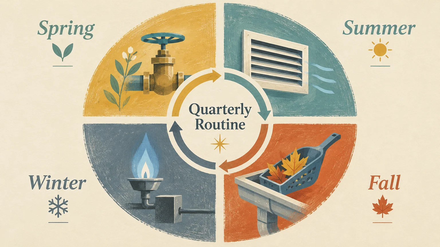 Circular quarterly routine diagram with four seasons showing home tasks: a pipe valve, vent, gutter scoop, and gas burner.