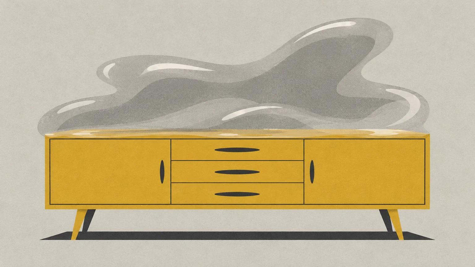 Illustration of a yellow mid-century modern credenza topped with a large, glossy, translucent gray blob.