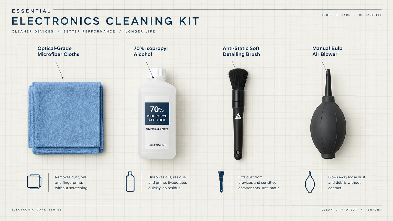Diagram of an electronics cleaning kit with microfiber cloth, 70% isopropyl alcohol, detailing brush, and bulb air blower.