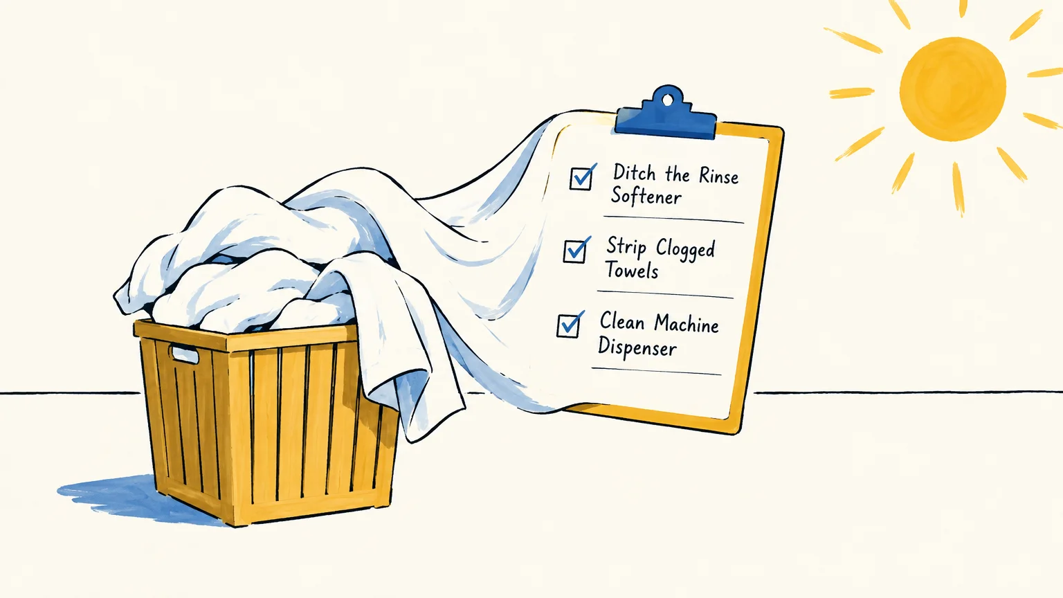 Illustration of a laundry basket overflowing with white linens that form a checklist beside a shining sun.