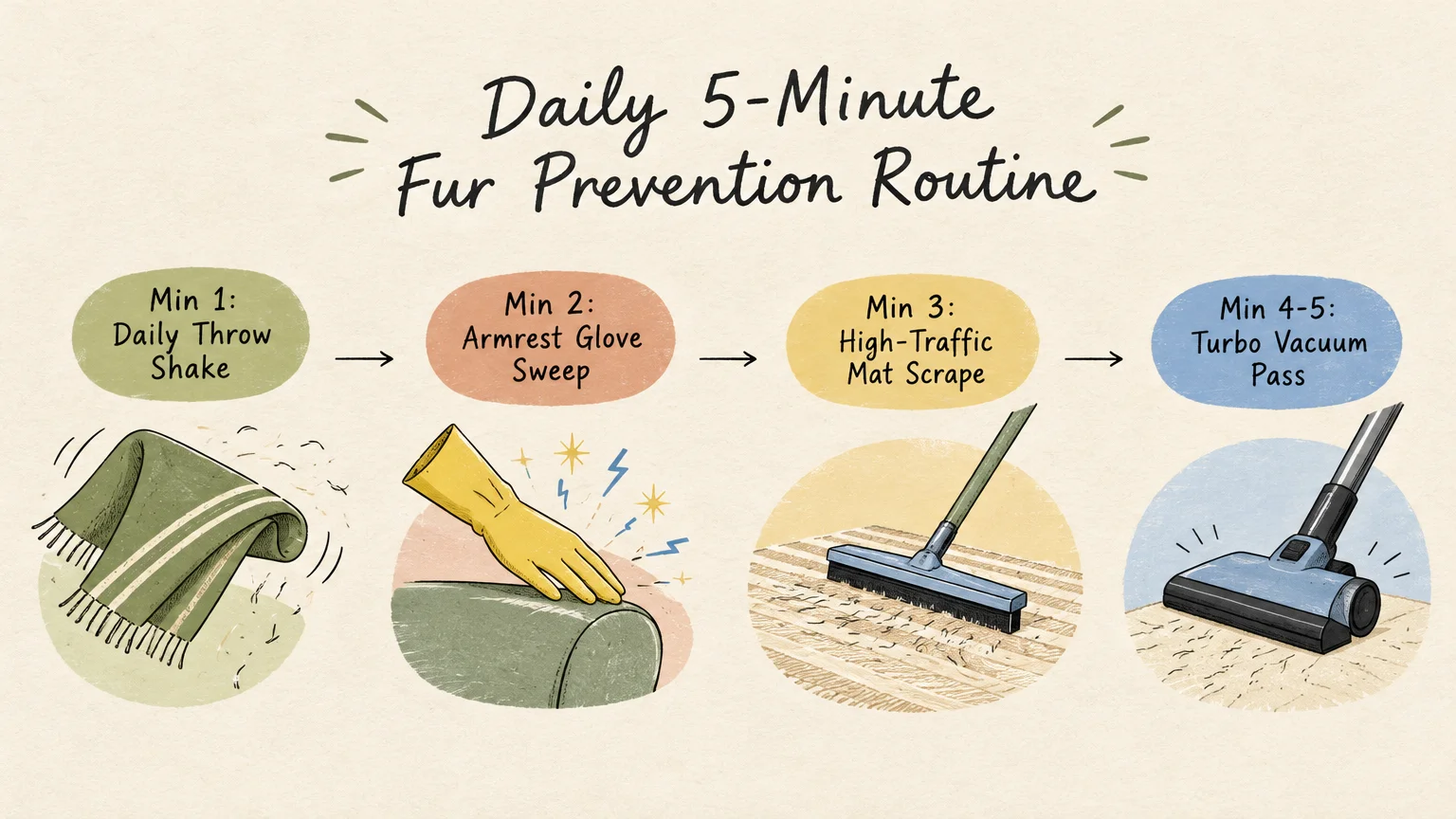 Four-step diagram showing a blanket shake, gloved hand wiping an armrest, rug squeegee scrape, and vacuum head.