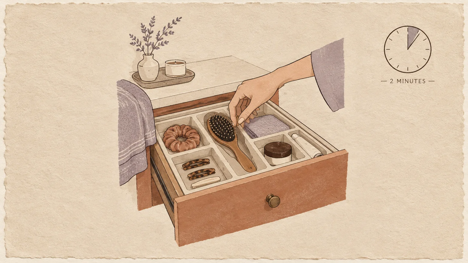 Illustration of a hand placing a hairbrush into an organized vanity drawer organizer beside a clock graphic.