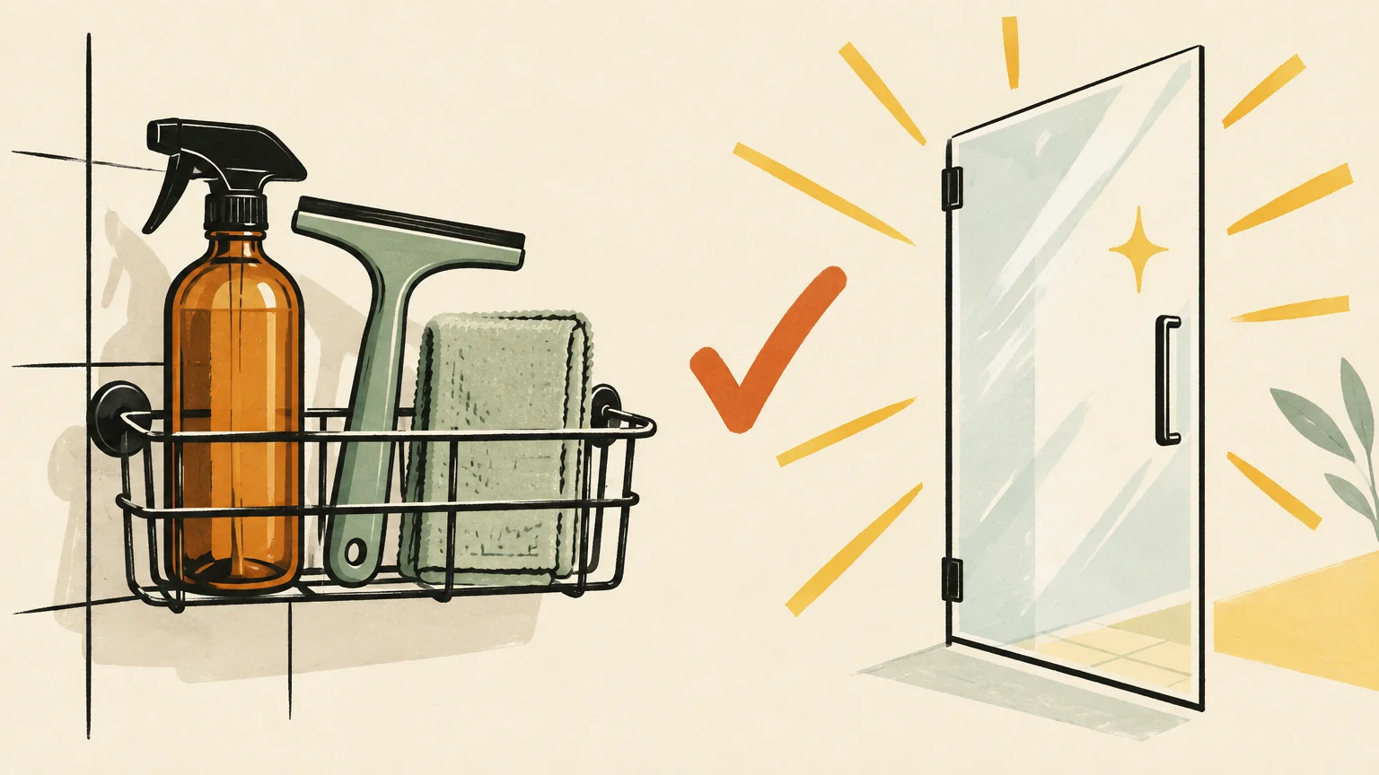 Illustration of a shower caddy holding a spray bottle, squeegee, and cloth beside a sparkling glass door with a checkmark.