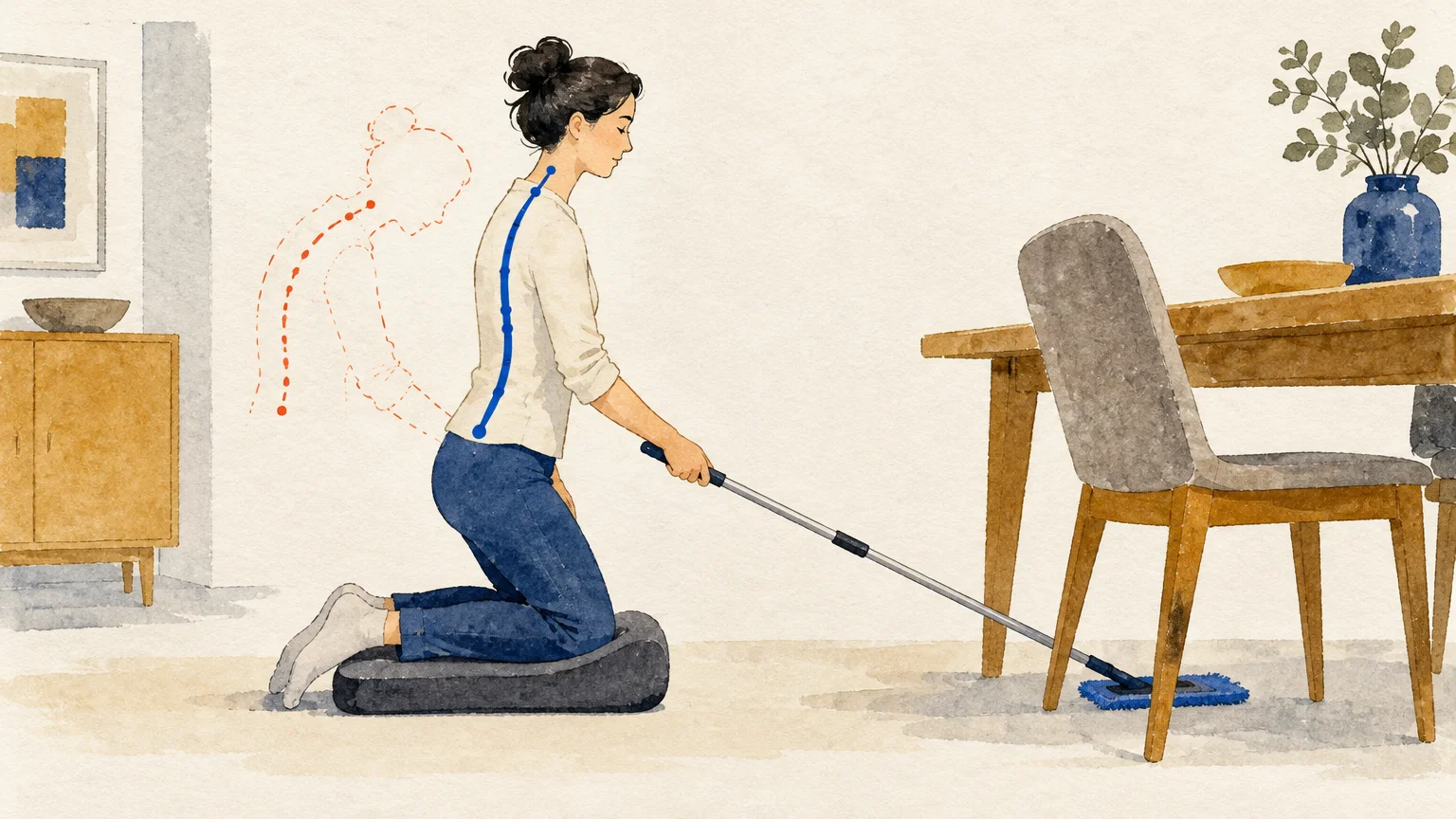 Illustration of a woman kneeling on a cushion while using a long-handled duster under a dining chair, with posture lines.