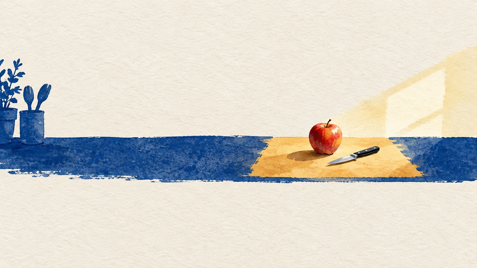 Watercolor illustration of a red apple and paring knife on a cutting board atop a blue countertop in sunlight.