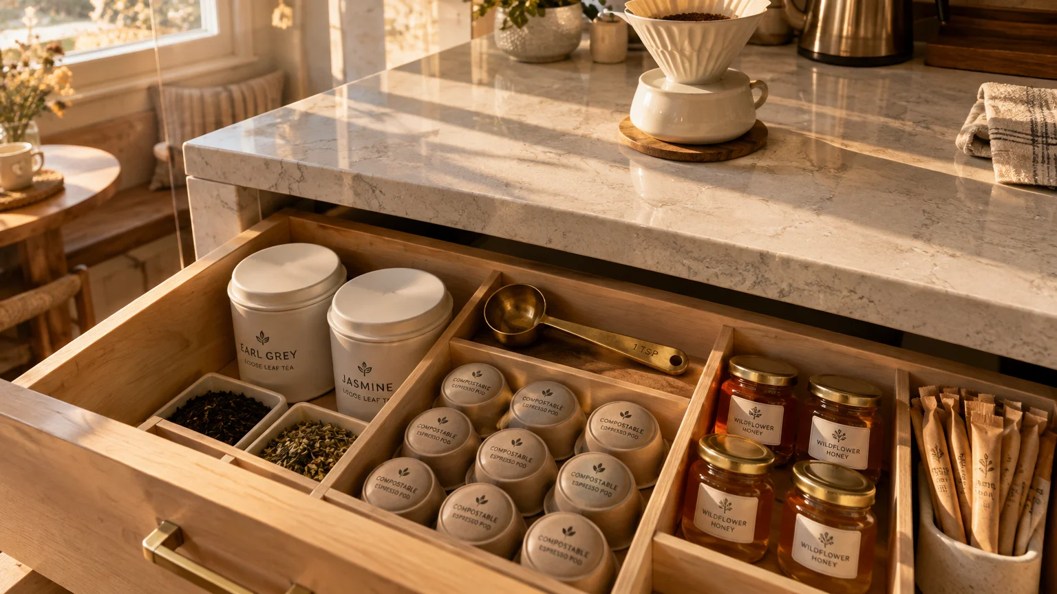 Open wooden kitchen drawer filled with tea tins, coffee pods, and honey jars beneath a marble countertop.