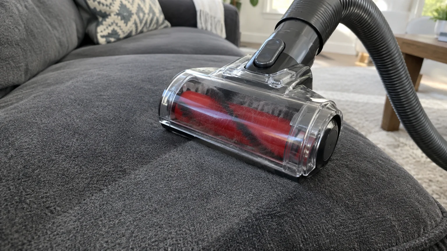 A motorized mini turbo vacuum nozzle with a red roller brush cleans a dark grey upholstered couch cushion.