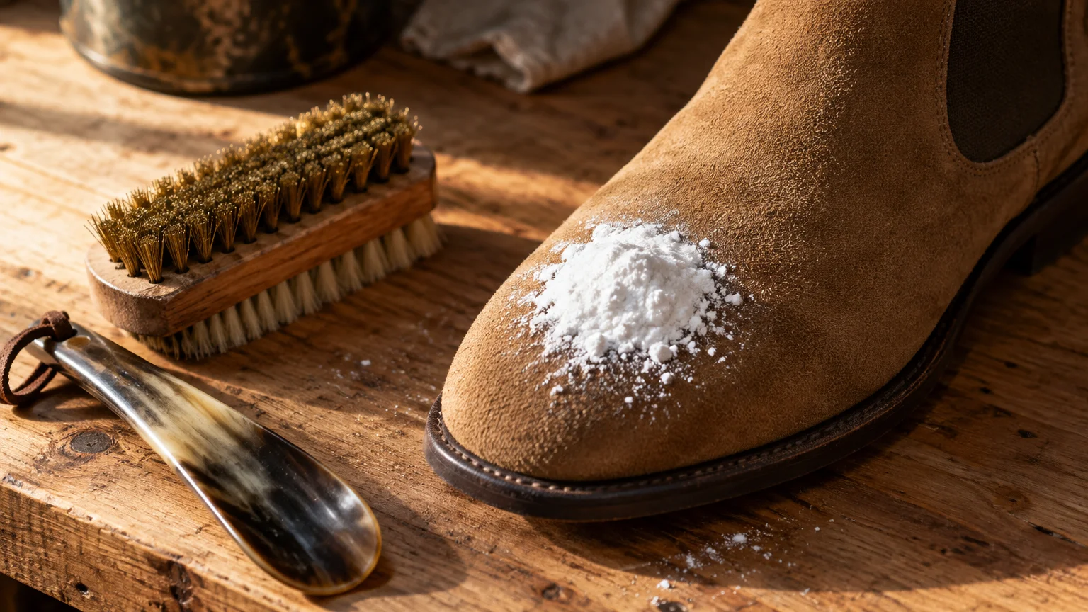 White powder sprinkled on the toe of a tan suede boot next to a shoe brush and horn on a wooden table.