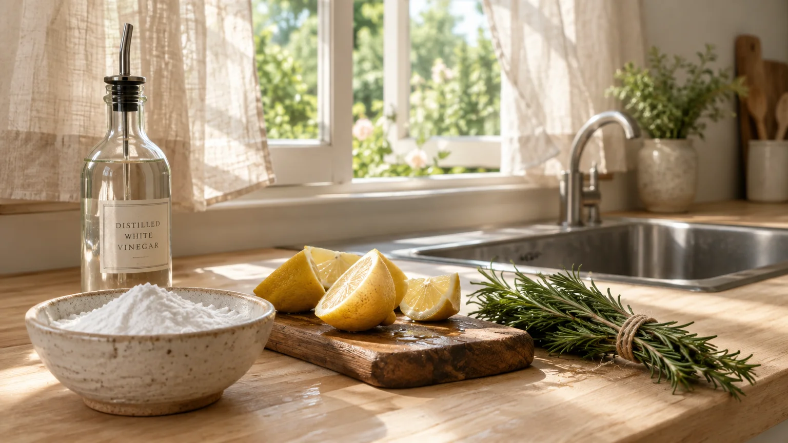 White vinegar, a bowl of baking powder, lemon wedges, and fresh rosemary sit on a wooden kitchen counter by a window.