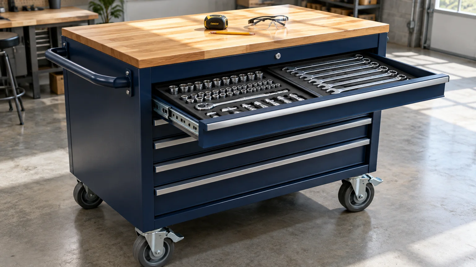 Blue rolling tool cabinet on casters with a butcher block top and an open top drawer holding sockets and wrenches.
