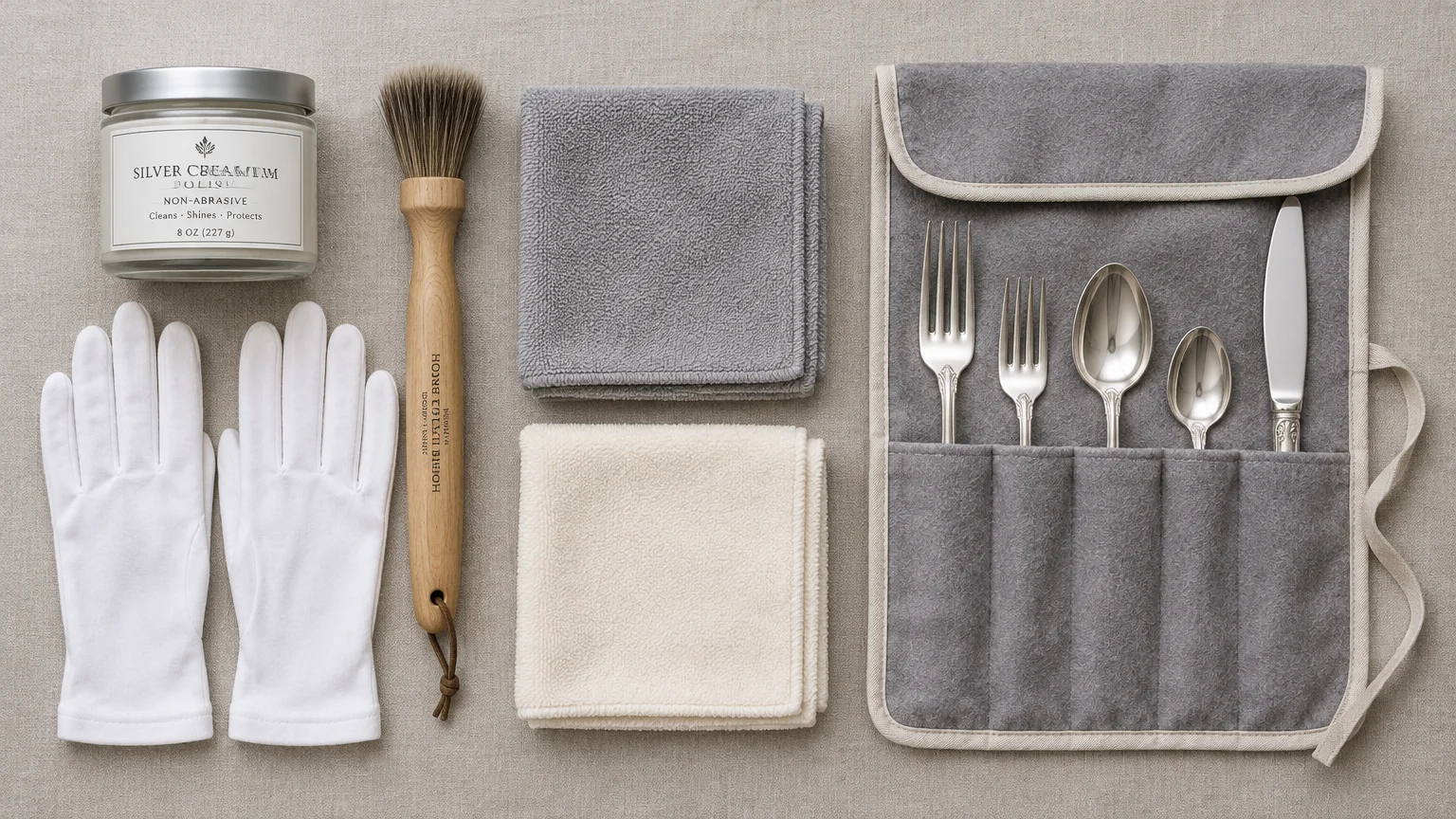 Silver cream, white gloves, a wooden brush, folded cloths, and silverware in a gray cloth roll on a linen surface.