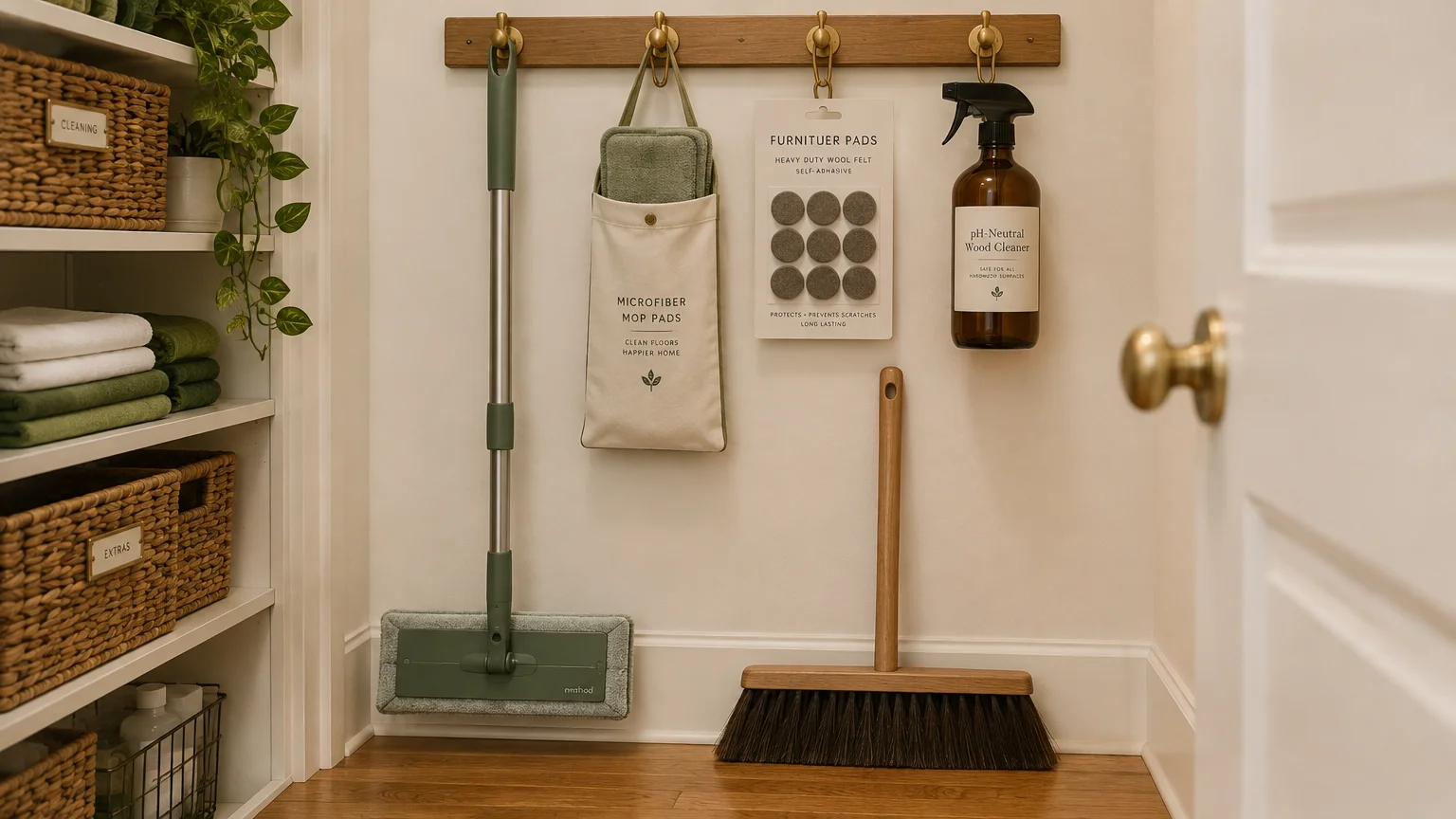 A mop, broom, microfiber pads, furniture felt pads, and wood cleaner spray bottle hanging neatly in an organized closet.