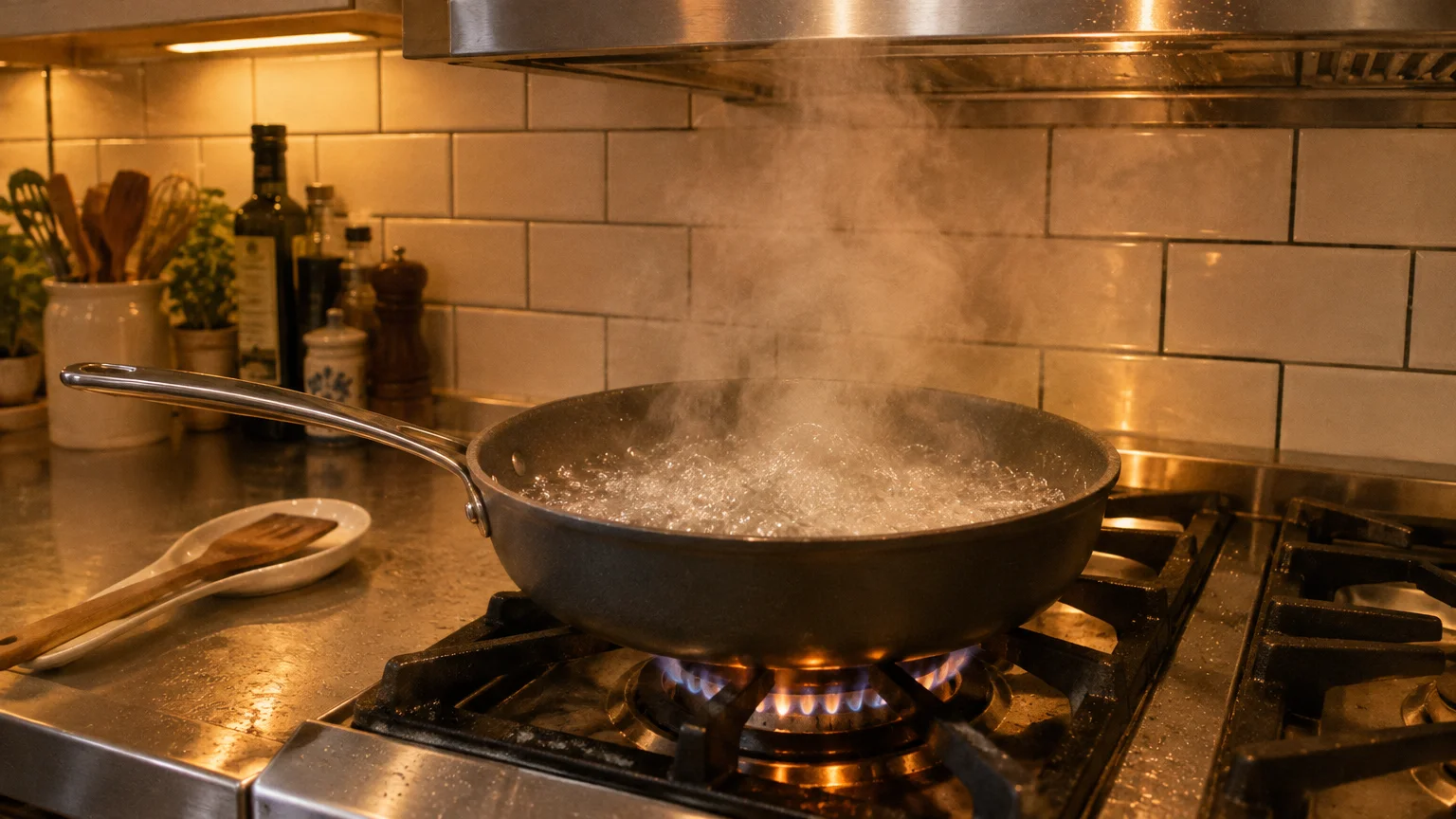 A non-stick skillet with violently boiling liquid producing steam sits on an active gas stove burner in a kitchen.
