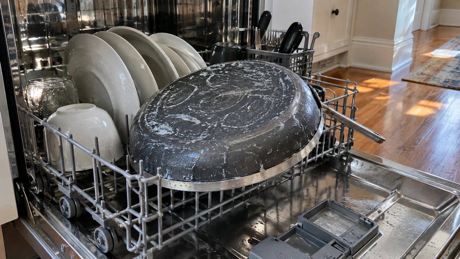 A wet frying pan placed upside down inside an open dishwasher rack alongside plates and bowls.