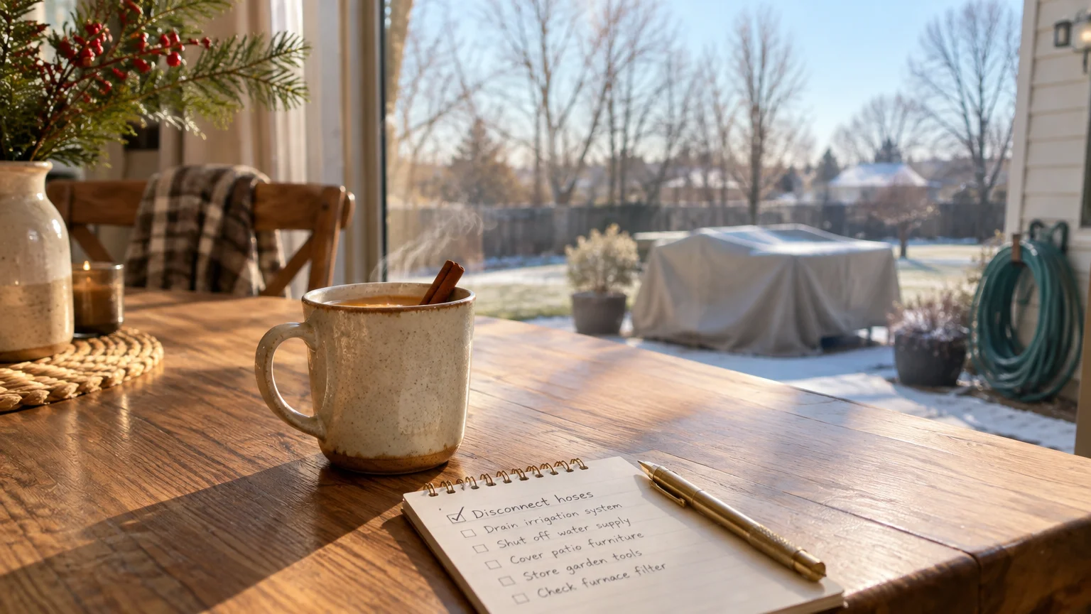Steaming mug and a checklist notepad on a wooden table beside a sunny window overlooking a snowy backyard.