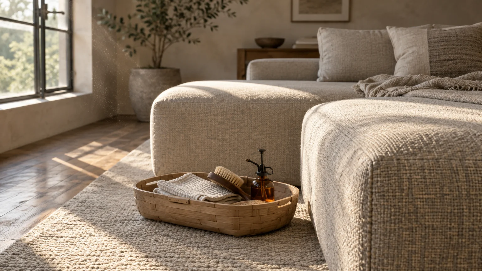 Wooden basket with cleaning cloth, brush, and spray bottle on a rug beside a sunlit beige fabric sectional sofa.