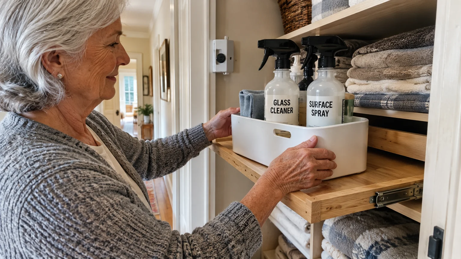 Older woman placing a white bin of spray bottles onto a wooden pull-out shelf in a linen closet.