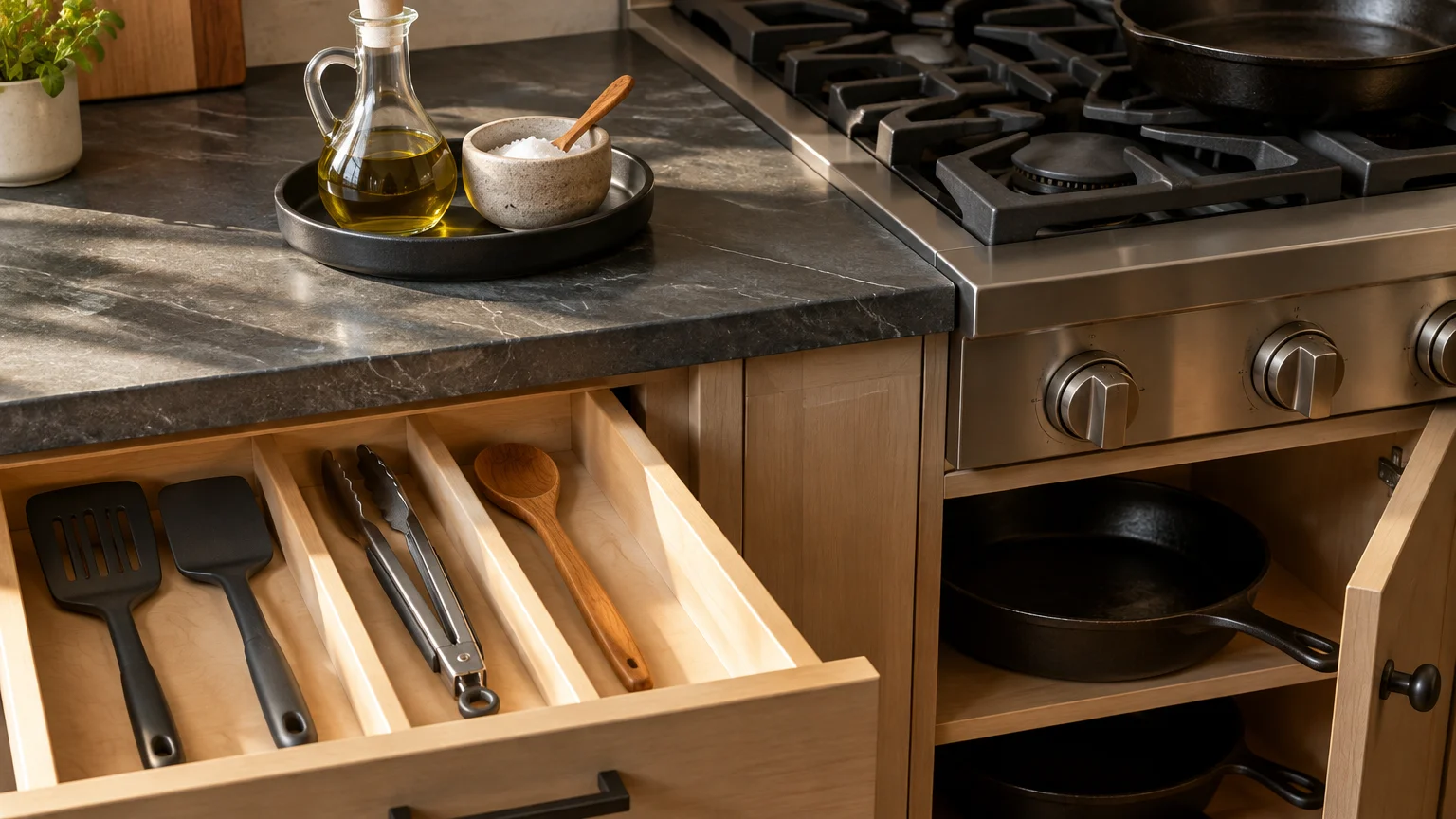 Open wooden drawer with cooking utensils next to a gas range with cast-iron skillets, salt, and olive oil.