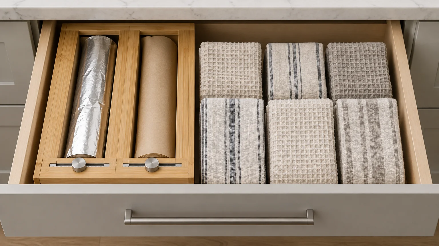 Open kitchen drawer with wooden foil and paper dispensers alongside folded waffle-weave and striped dish towels.