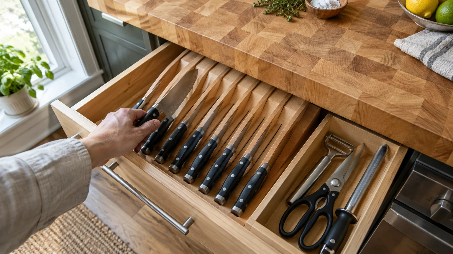 Hand lifting a santoku knife from a wooden in-drawer block organizer beside shears, a peeler, and a honing steel.