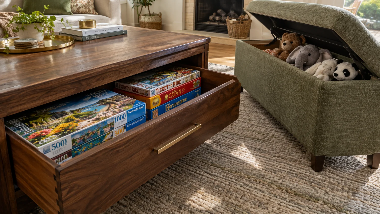 Open coffee table drawer filled with board games beside a green upholstered storage ottoman holding stuffed animals.