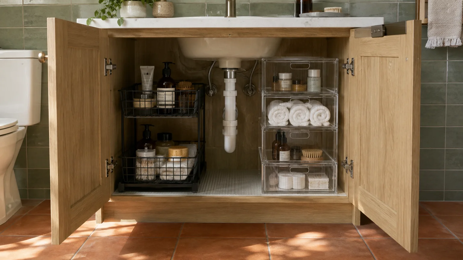 Open wooden vanity cabinet organized with black wire pull-out shelves on the left and stacked clear acrylic drawers on right.
