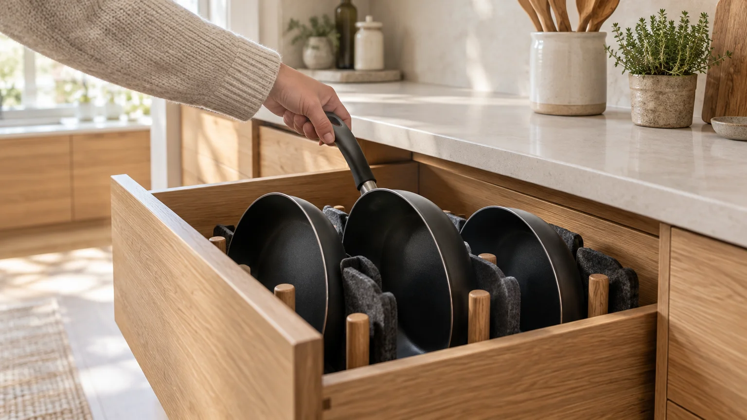 A person in a sweater lifts a black non-stick skillet from an organized wooden kitchen drawer with felt dividers.
