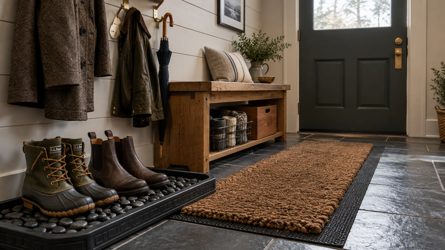 Slate tile entryway with a pebble-filled boot tray holding winter boots next to a runner rug and wooden bench.