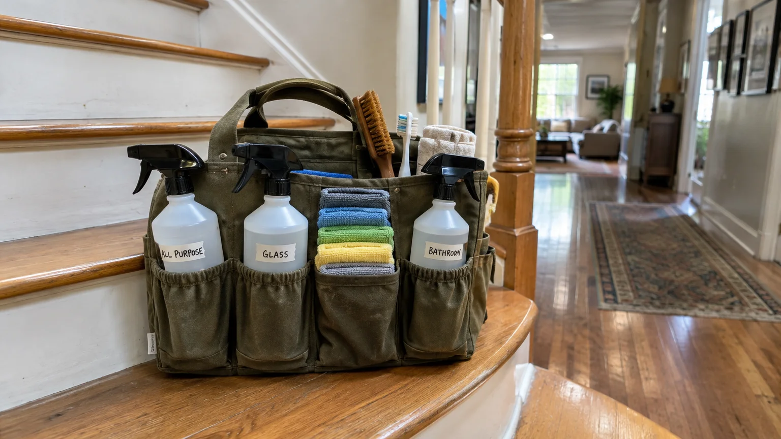 Green canvas cleaning caddy on wooden stairs, filled with labeled spray bottles, folded cloths, and brushes.