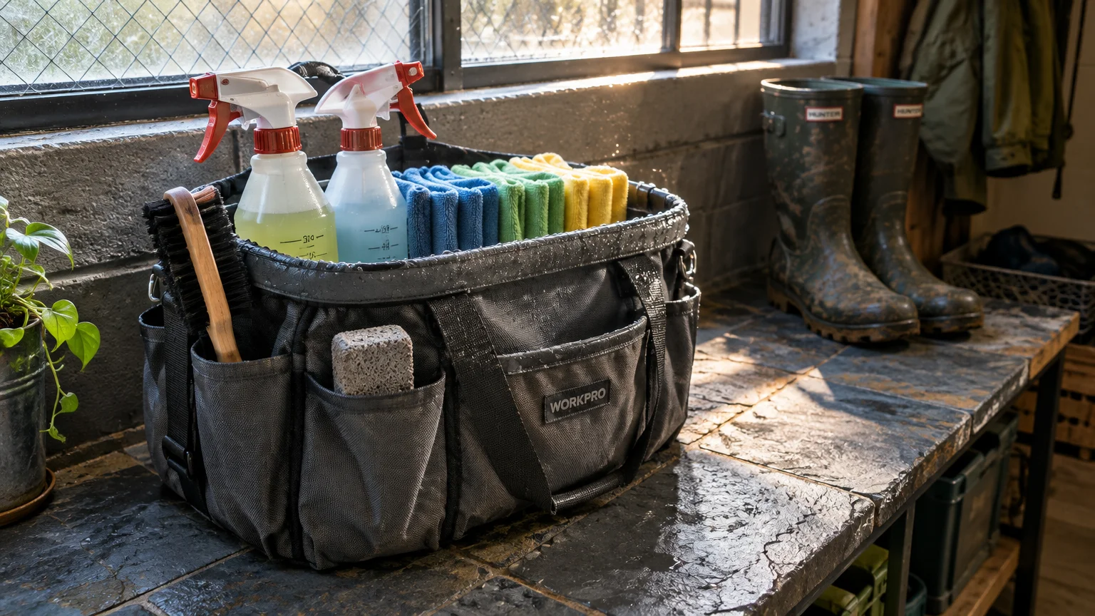 Black cleaning caddy filled with spray bottles, folded microfiber cloths, a brush, and a sponge on a stone counter.