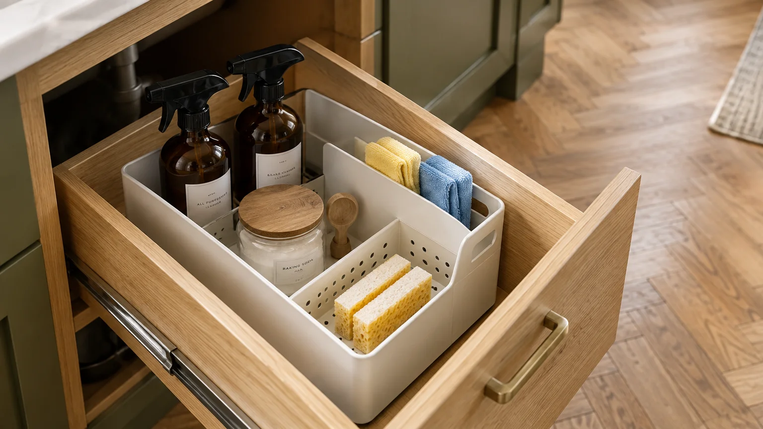 Open wooden kitchen drawer holding a white organizer bin with spray bottles, sponges, folded cloths, and a jar.