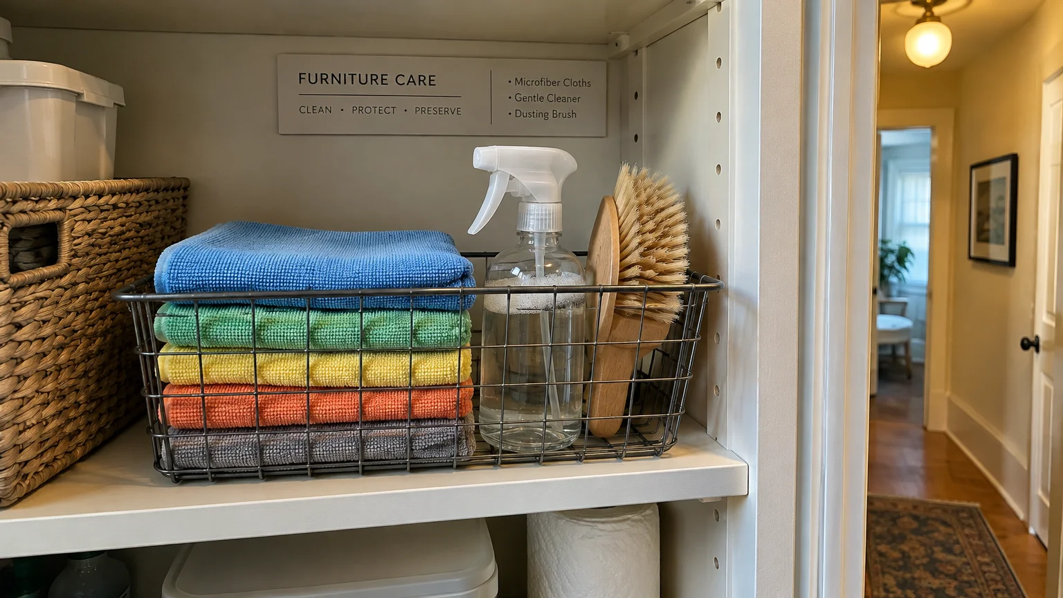 Wire basket on a closet shelf holding stacked colorful microfiber cloths, a spray bottle, and a brush.