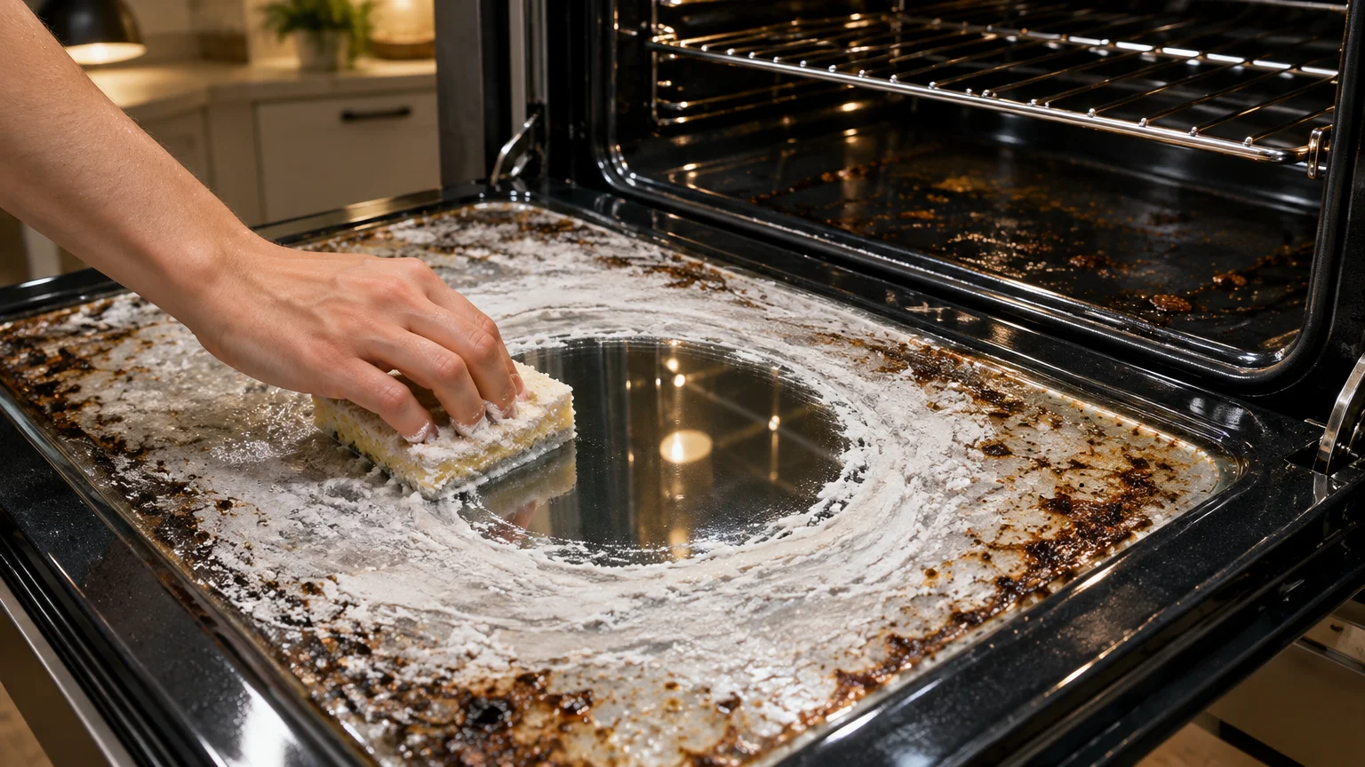Hand scrubbing white paste off dirty oven door glass with a sponge, revealing a clean circular spot.