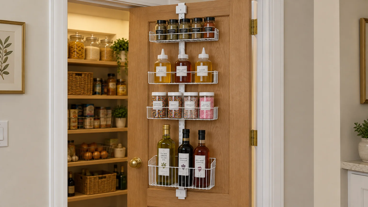 White wire organizer mounted on a wooden pantry door, holding spice jars, squeeze bottles, sprinkles, and bottles of oil.