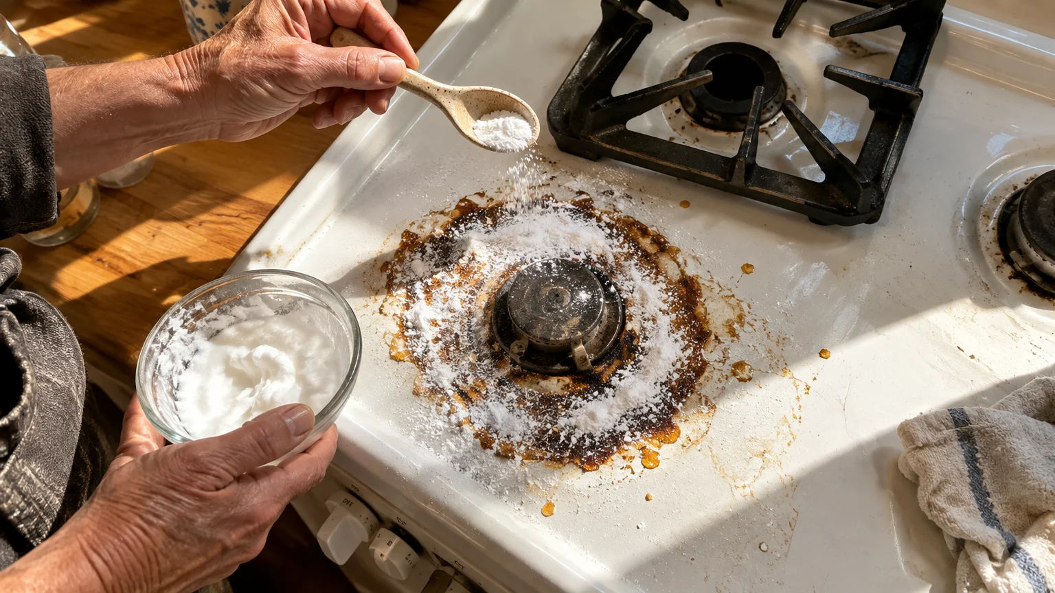 A person sprinkles white baking soda from a spoon onto baked-on brown grease surrounding a gas stovetop burner.