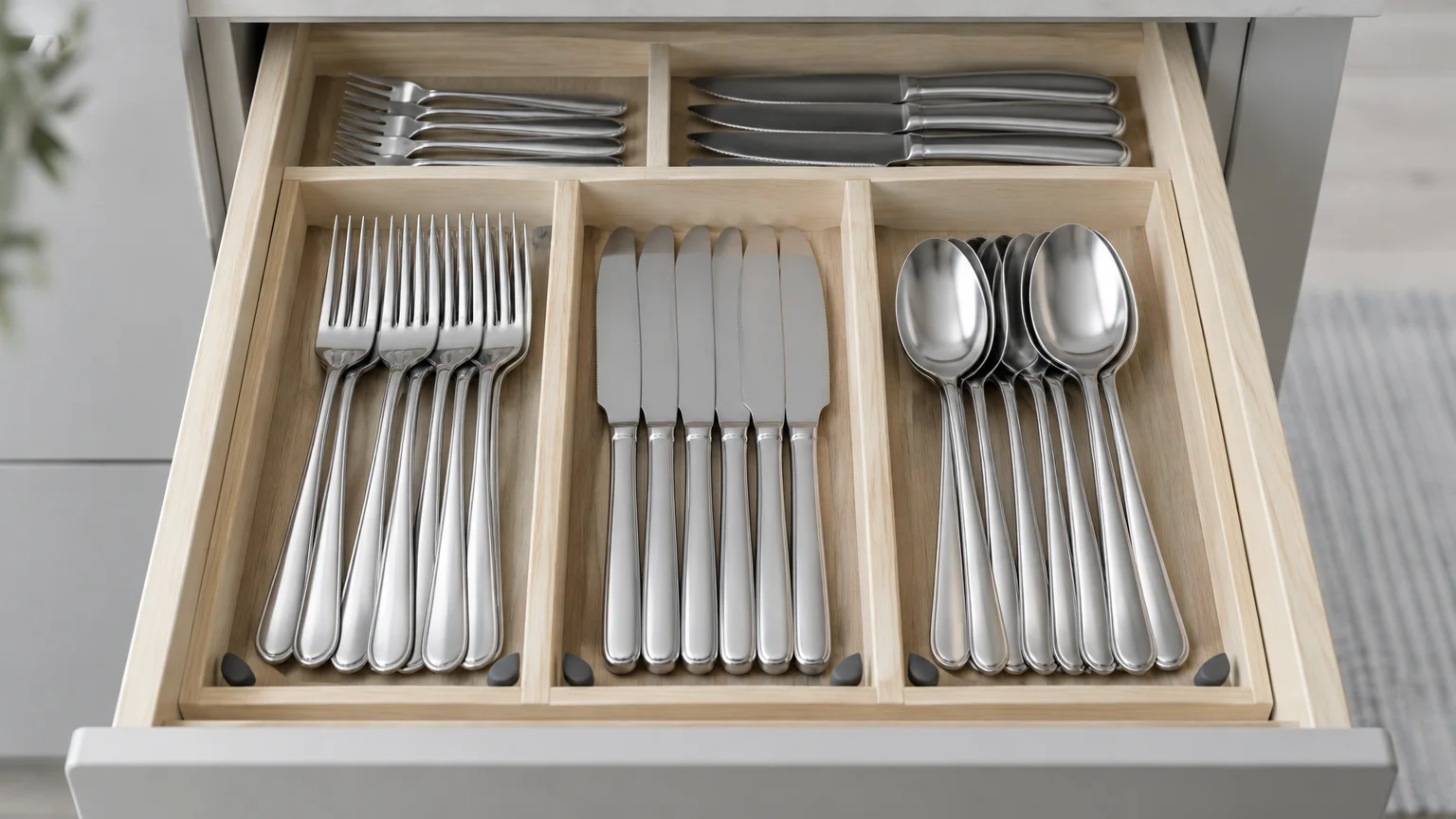 Open wooden kitchen drawer neatly organized with modular dividers holding sets of stainless steel forks, knives, and spoons.