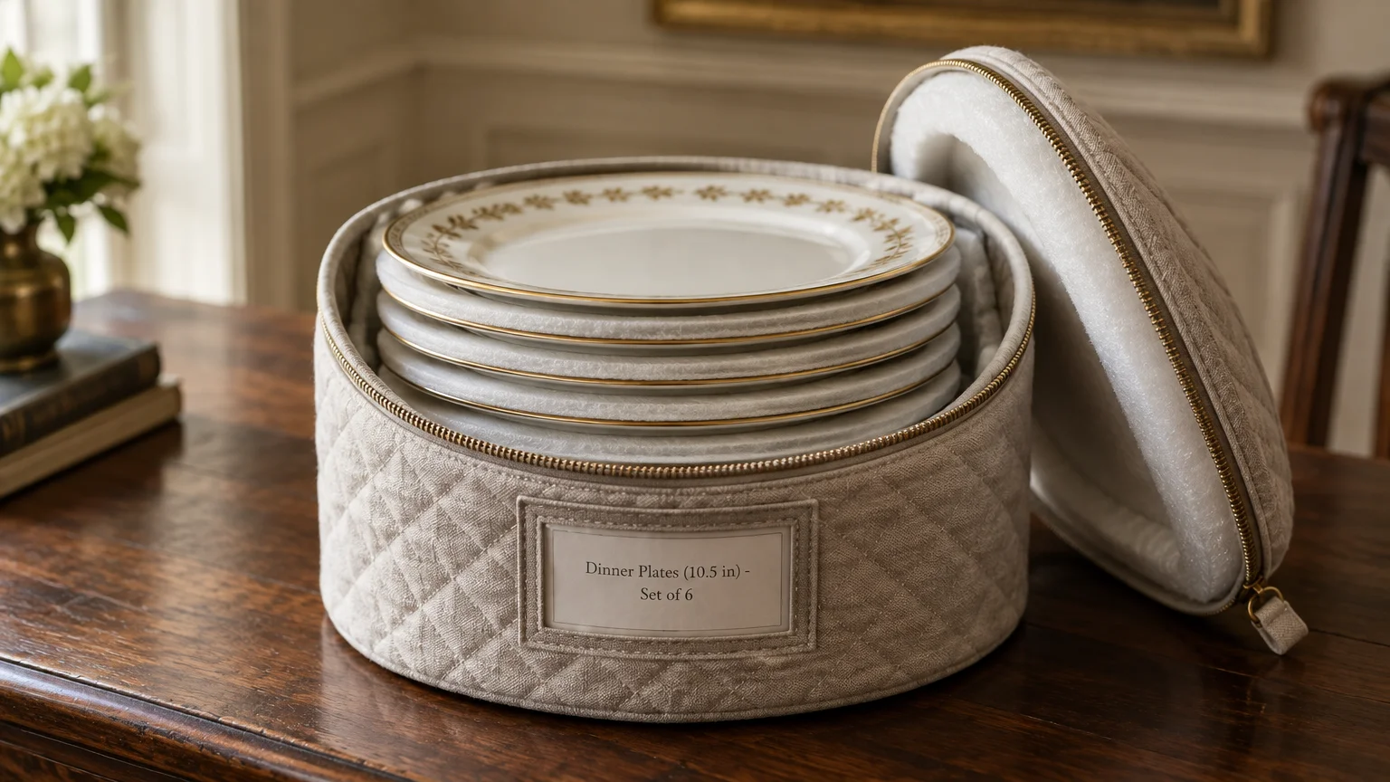 A round, quilted beige storage case open on a wooden table, holding a stack of gold-rimmed ceramic dinner plates.