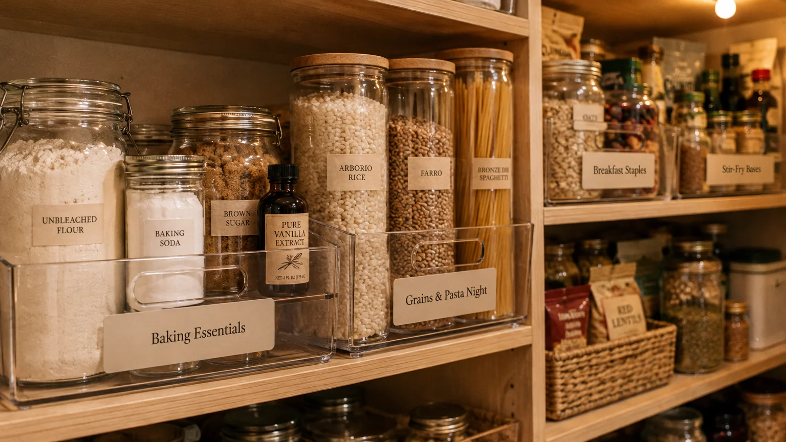 Clear bins holding labeled glass jars of dry goods like flour, sugar, and grains neatly arranged on wooden pantry shelves.