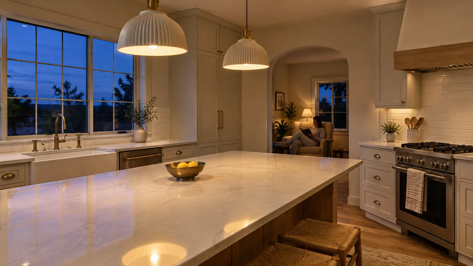 Modern kitchen with marble island, pendant lights, and a person reading in an armchair through an arched doorway.