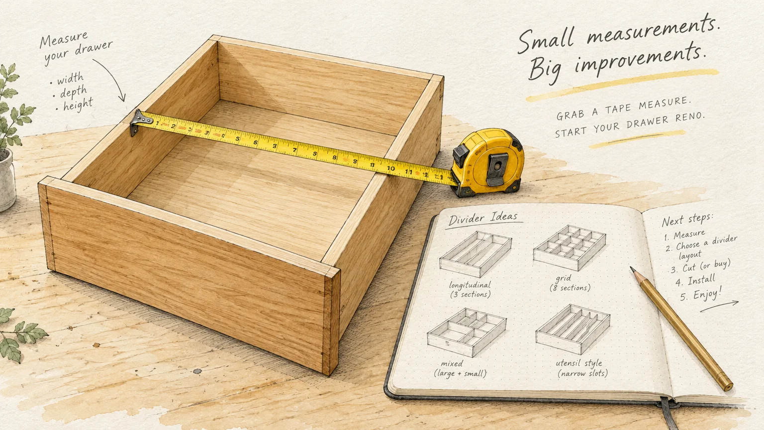 Tape measure inside an empty wooden drawer next to a notebook sketching various drawer divider layouts.