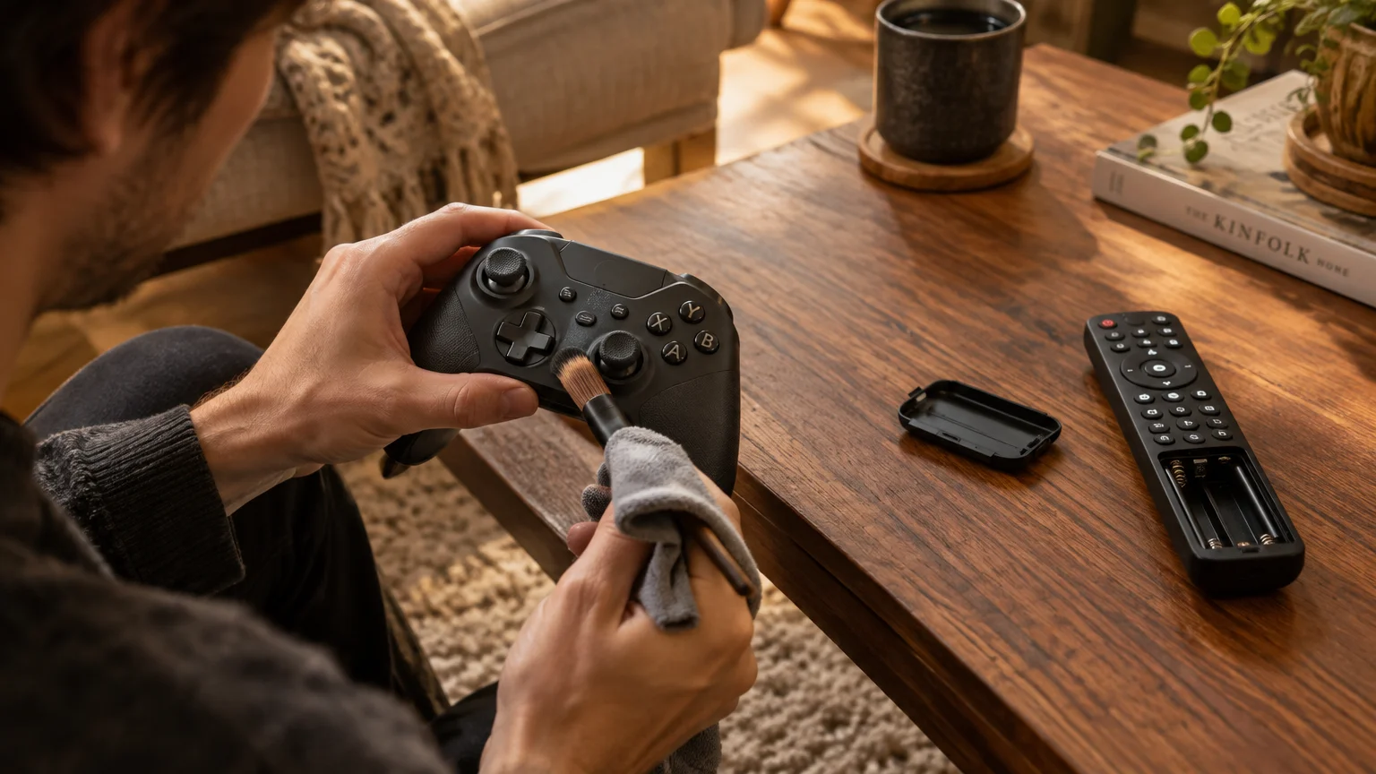 A person using a small brush and cloth to clean a black video game controller next to a television remote.