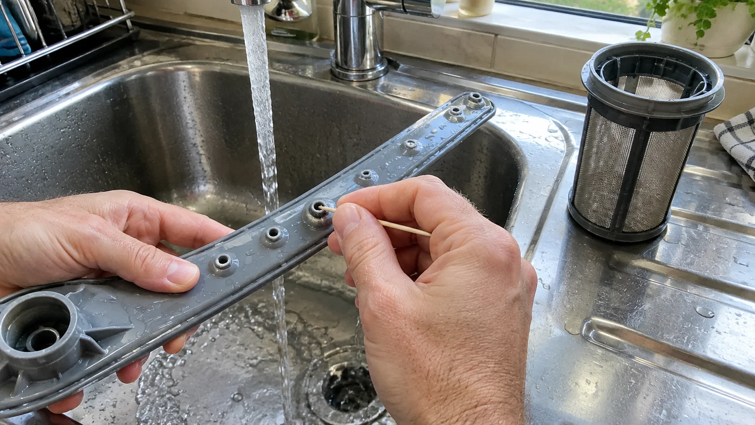 Hands use a wooden toothpick to clean nozzle holes on a grey dishwasher spray arm near a sink and mesh filter.