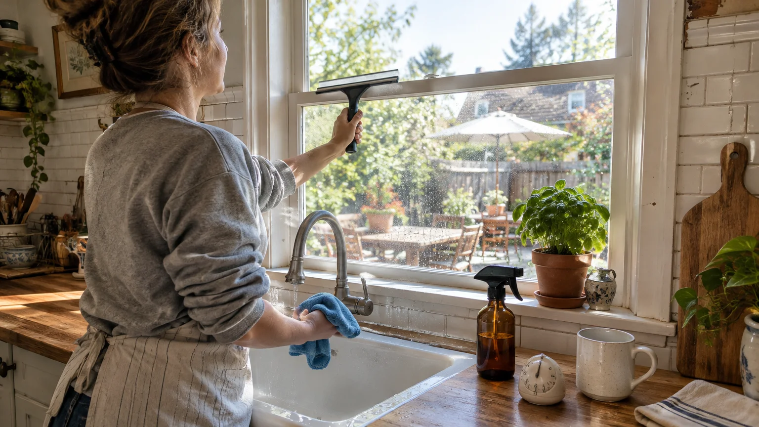 A woman cleans a sunny kitchen window over a sink using a squeegee, cloth, and amber spray bottle.