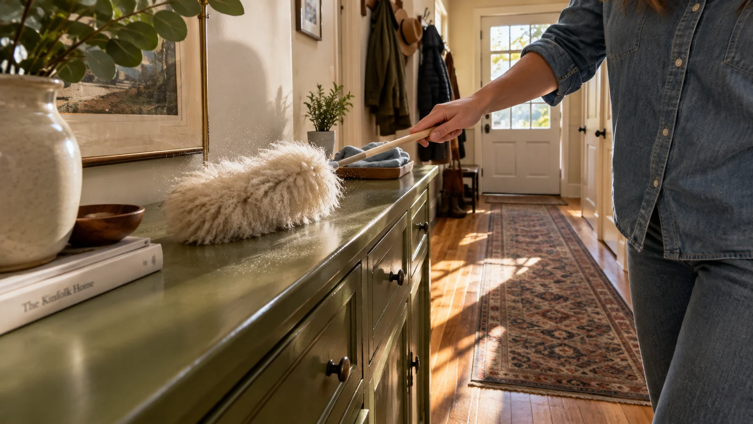 A person using a fluffy duster to wipe loose dust off the surface of a green painted wooden sideboard in a hallway.